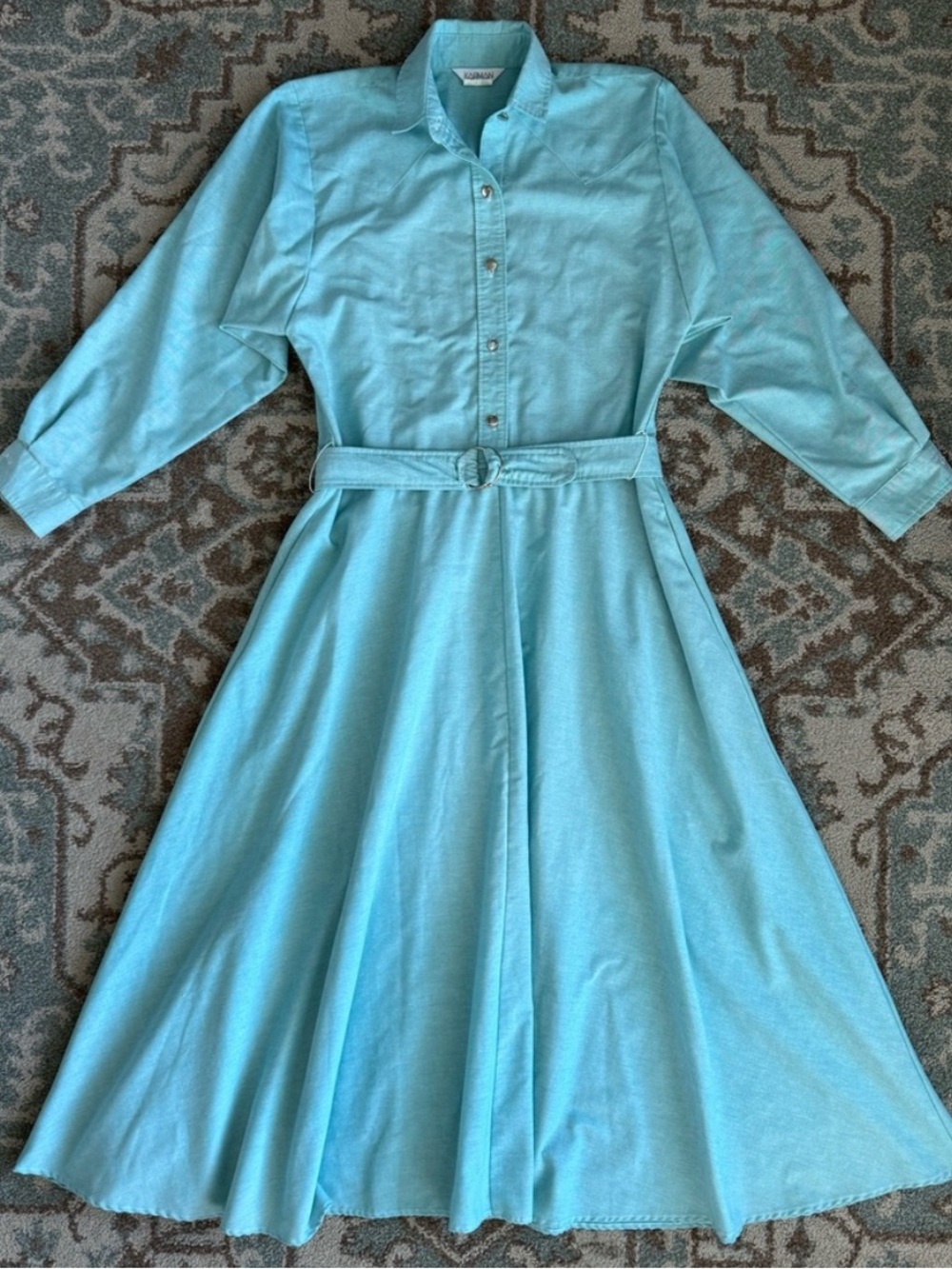 Vintage Utility Style Blue Long Sleeve Pockets Belt MIDI Dress Size 12 USA Made